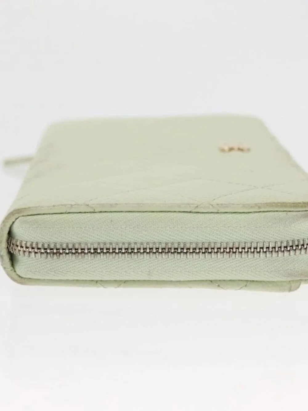 CHANEL Long Wallet Grained Calf Skin Green Gold CC Auth 164071A